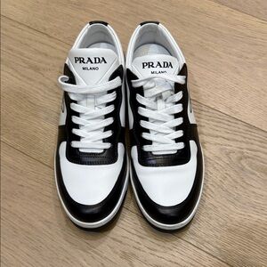 Prada White and Black Leather Low-Top Sneakers